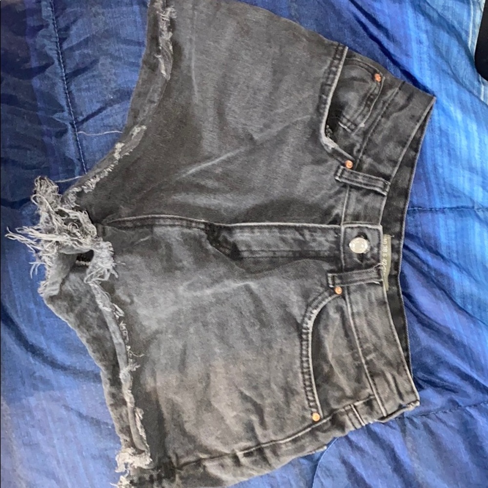 Distressed black wash denim shorts